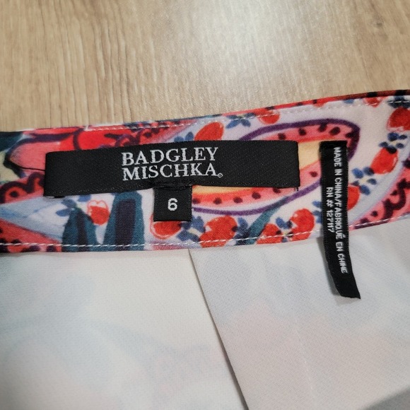 Badgley Mischka Size 6 Paisley Wide Leg Pants Red Multi Stretch Crepe Floral - Picture 8 of 12